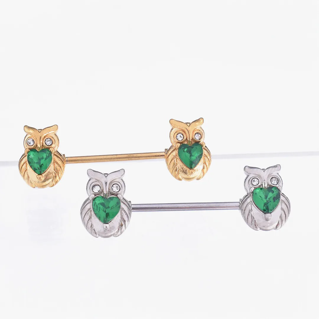 Par Pezoneras Búho Piedra Verde en Acero Quirúrgico – Piercing Pezón