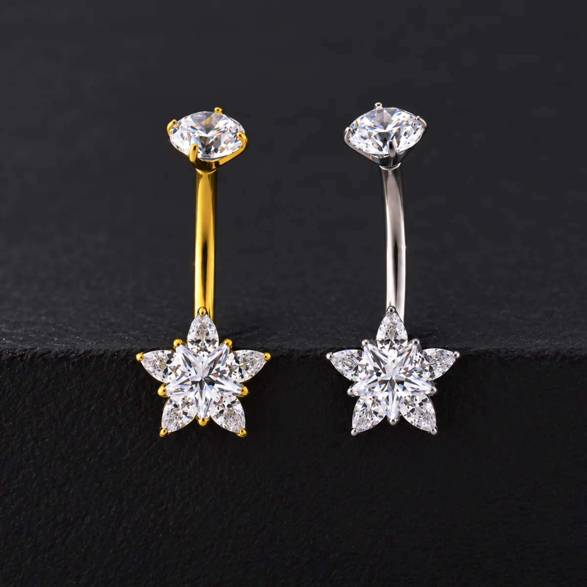 Piercing de ombligo Super Stars con estrella de circones blancos en dorado y plateado Belly Super Stars (14G - 10mm) - Titanio G.I. – Piercing Colombia