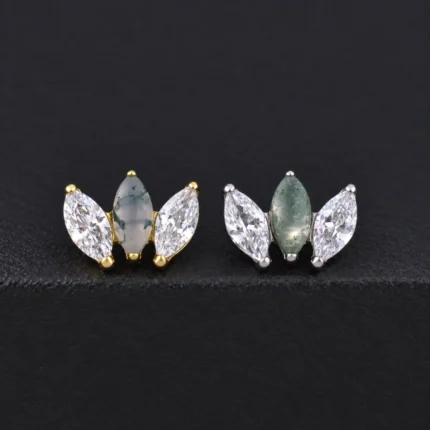 Top de piercing en titanio dorado y plateado con 3 marquesas, centro verde ágata musgo y circones blancos