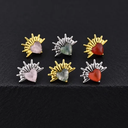 Tops de titanio dorado y plateado en sagrado corazón con cuarzo rosa, ágata o cornalina