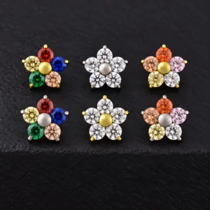 Tops de titanio dorado y plateado en flor de 5 circones blancos o de colores