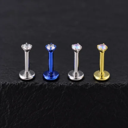 Cuatro labrets de titanio plateado, azul y dorado con circón blanco o tornasol de 2mm