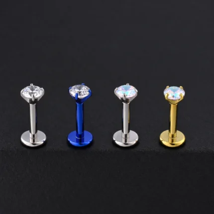 Cuatro labrets de titanio plateado, azul y dorado con circón blanco o tornasol de 3mm