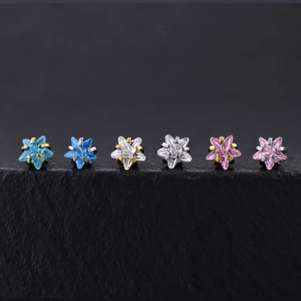 Tops de titanio con circón estrella azul, blanco y rosado, garras doradas y plateadas