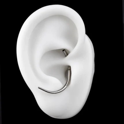 Tapper curvo 14G de titanio insertado en la oreja de maqueta para guiar la joya