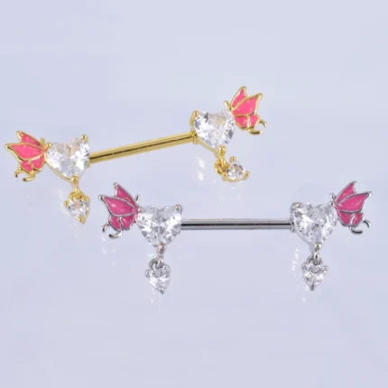 Par de pezoneras Flutter Heart en acero quirúrgico dorado y plateado, corazón de circón con mariposa rosa y corazón colgante